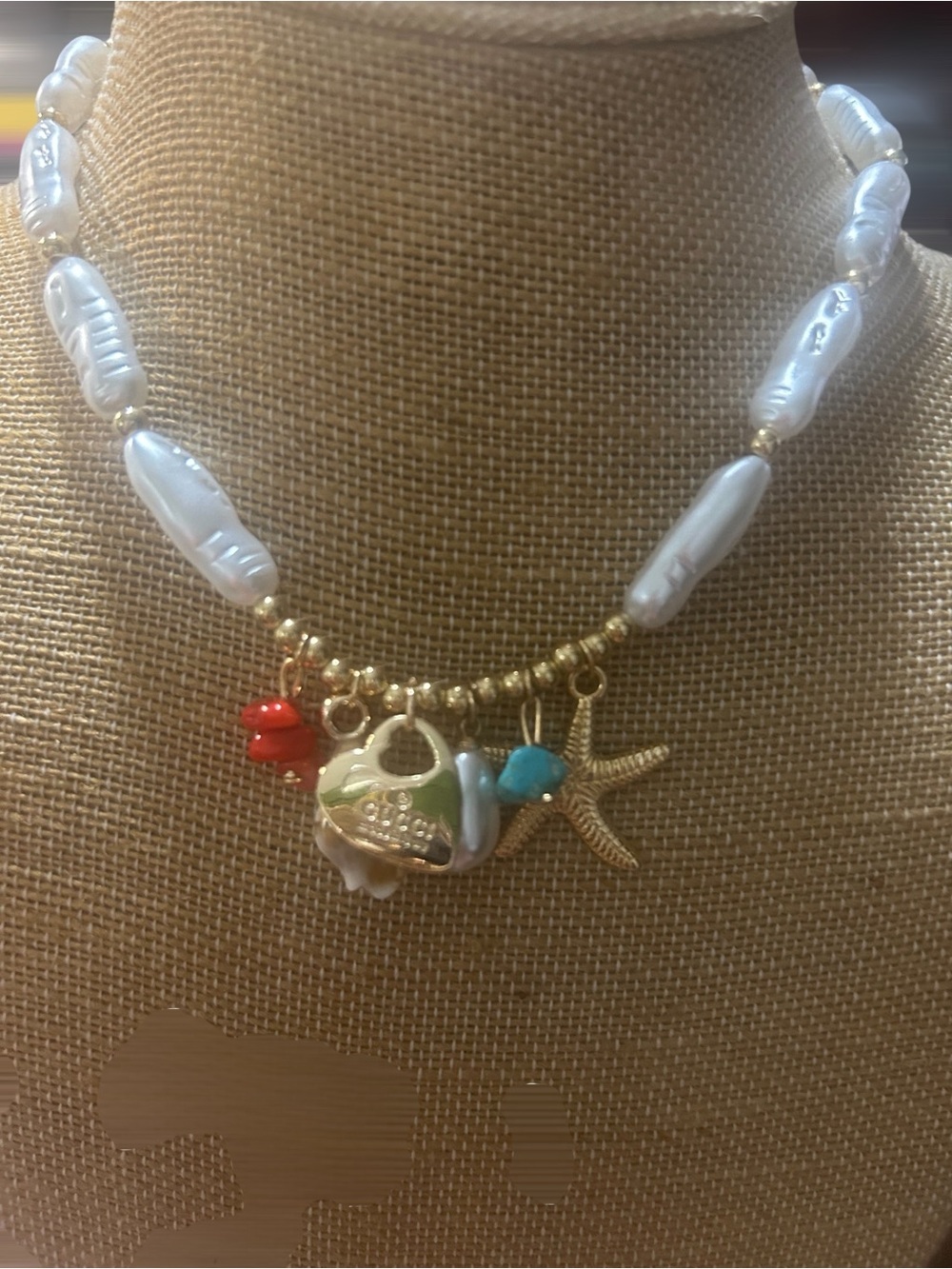 Gold & White Pearl Charm Necklace with Turquoise and Coral Accents - Picture 6 of 7